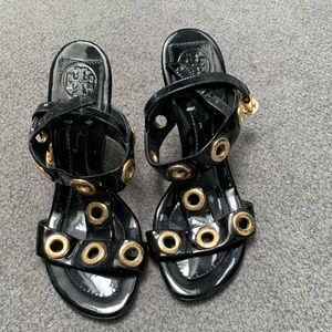 Tory Burch black patent gold buckle sandals
